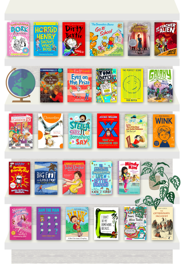 A bookshelf showing Reading Hub books in the school and education genre