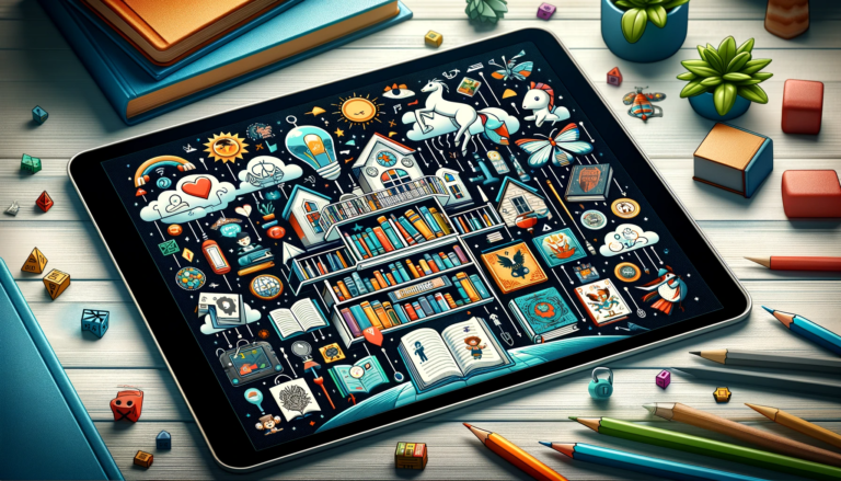 An iPad featuring a concept drawing of a digital library.