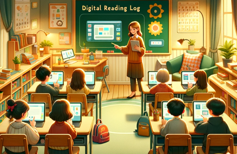 A teacher showing her children a board with digital reading log on it.