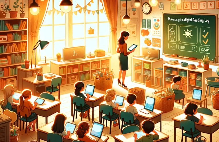 A warm classroom featuring digital reading log on the board.